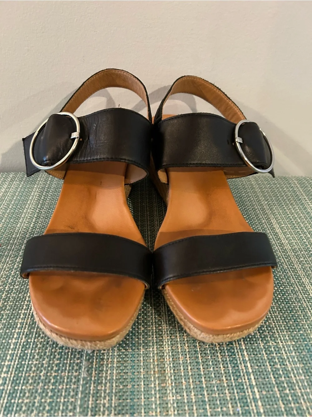 Black Wedge Espadrille Sandals with Silver Buckle